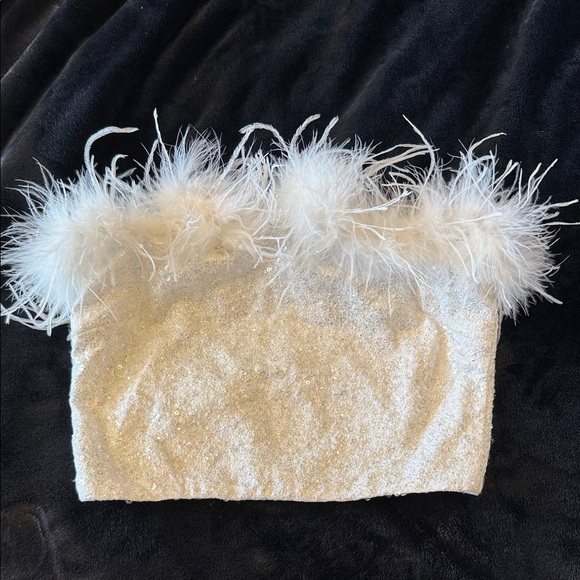 Windsor Tops - Windsor White Sequin Bustier with Feather Trim